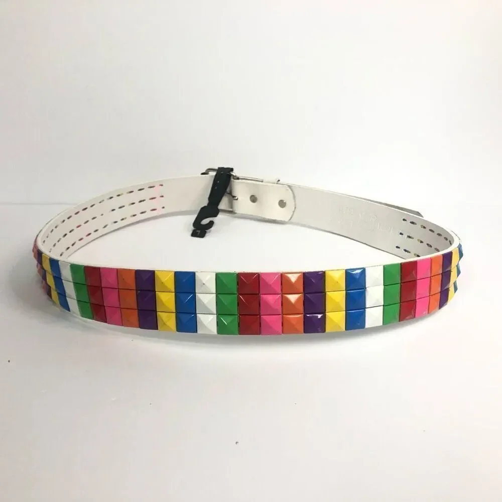 studded 3 row rainbow white leather belt emo pride lgbt size large kid‎ core